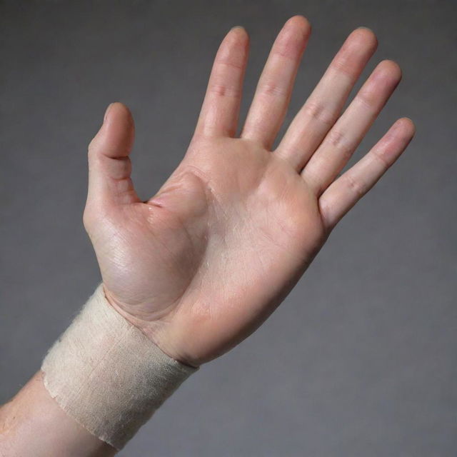 A human hand displaying the aftermath of a minor burn, without explicit detail that may induce discomfort. The focus is on the healing process with evidence of a bandage and ointzer.