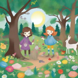 Create an image in the style of children's drawings depicting the spring season in the mystical 'Four Seasons Forest