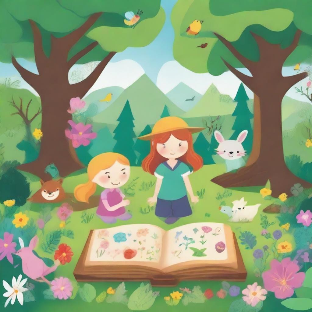 Create an image in the style of children's drawings depicting the spring season in the mystical 'Four Seasons Forest