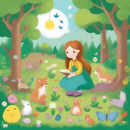 Create an image in the style of children's drawings depicting the spring season in the mystical 'Four Seasons Forest