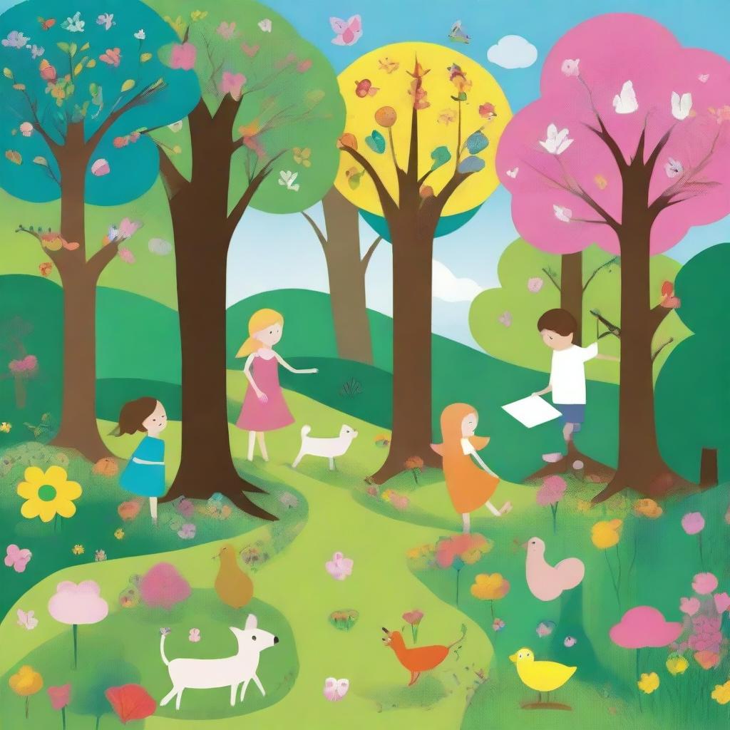 Create an image in the style of children's drawings depicting a spring background in the mystical 'Four Seasons Forest