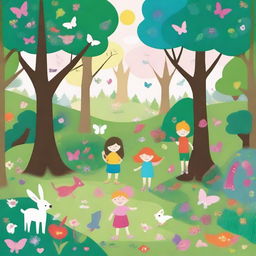 Create an image in the style of children's drawings depicting a spring background in the mystical 'Four Seasons Forest