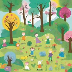 Create an image in the style of children's drawings depicting a spring background in the mystical 'Four Seasons Forest