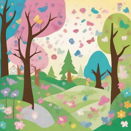 Create an image in the style of children's drawings depicting a spring background in the mystical 'Four Seasons Forest