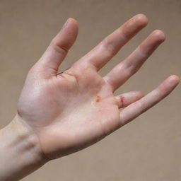 A human hand displaying the aftermath of a minor burn, without explicit detail that may induce discomfort. The focus is on the healing process with evidence of a bandage and ointzer.