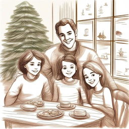 Create a unique sketched image of a family of four, consisting of parents, a teenager with loose curls, and a little girl, gathered around a dining table on Christmas Eve