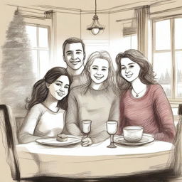 Create a unique sketched image of a family of four, consisting of parents, a teenager with loose curls, and a little girl, gathered around a dining table on Christmas Eve