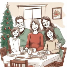 Create a unique sketched image of a family of four, consisting of parents, a teenager with loose curls, and a little girl, gathered around a dining table on Christmas Eve