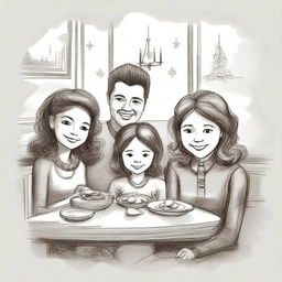 Create a unique sketched image of a family of four, consisting of parents, a teenager with loose curls, and a little girl, gathered around a dining table on Christmas Eve