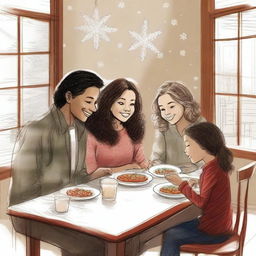 Create a unique sketched image of a family of four, consisting of parents, a teenager with loose curls, and a little girl, gathered around a dining table enjoying dinner while chatting happily