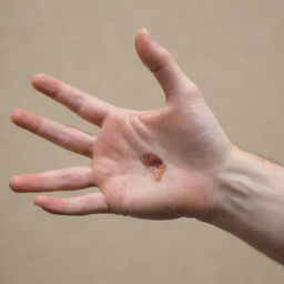 A human hand displaying the aftermath of a minor burn, without explicit detail that may induce discomfort. The focus is on the healing process with evidence of a bandage and ointzer.