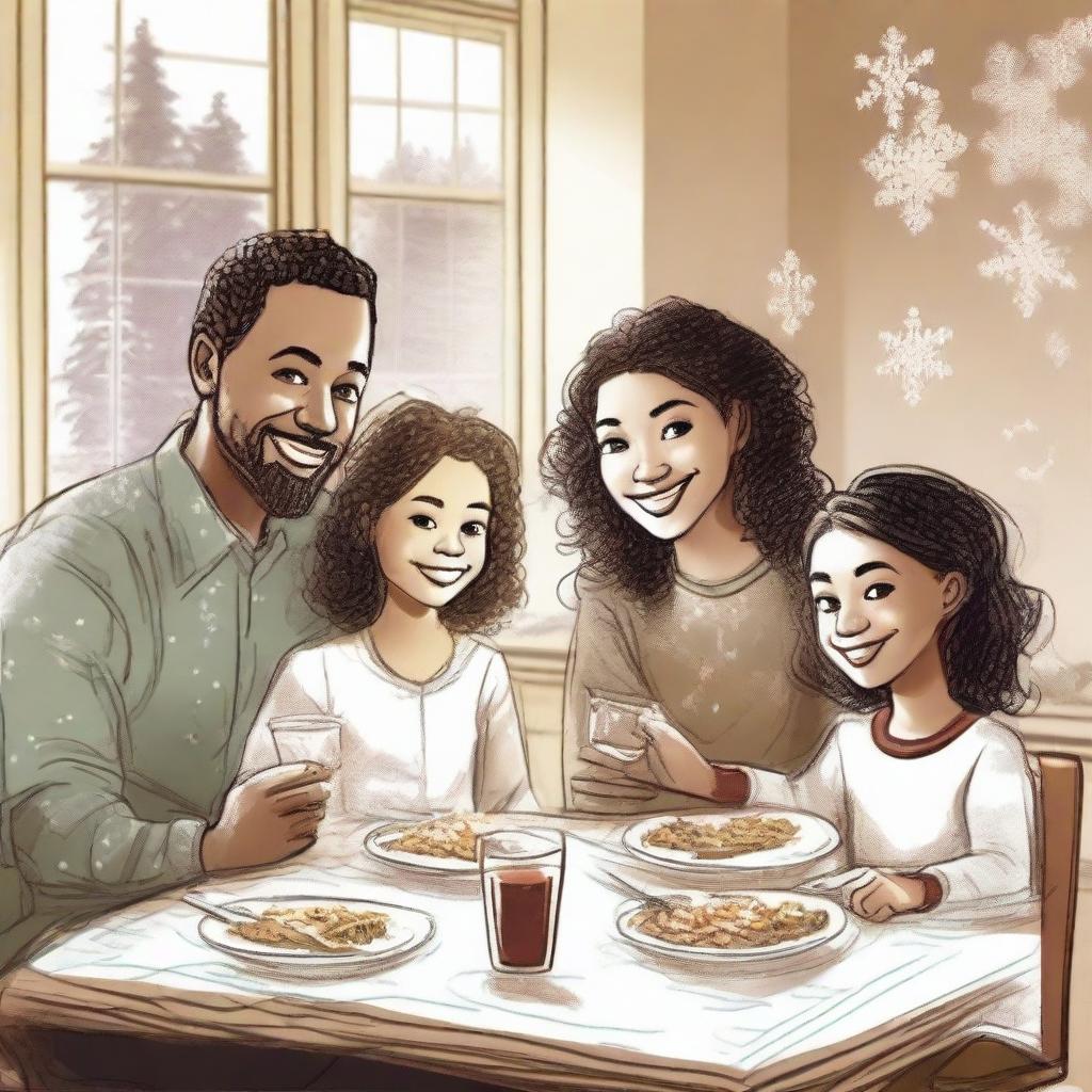 Create a unique sketched image of a family of four, consisting of parents, a teenager with loose curls, and a little girl, gathered around a dining table enjoying dinner while chatting happily