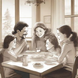 Create a unique sketched image of a family of four, consisting of parents, a teenager with loose curls, and a little girl, gathered around a dining table enjoying dinner while chatting happily