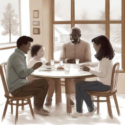 Create a unique sketched image of a family of four, consisting of parents, a teenager with loose curls, and a little girl, gathered around a dining table enjoying dinner while chatting happily