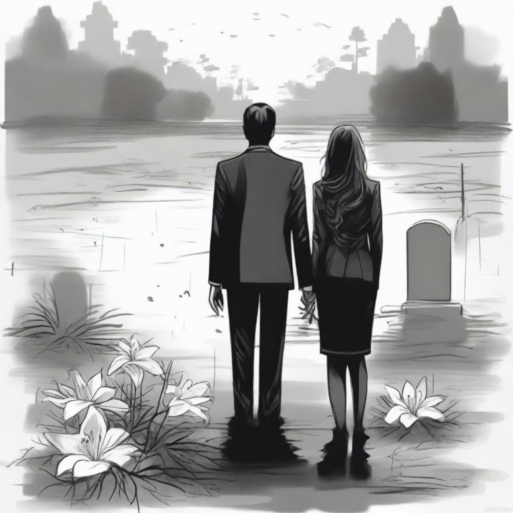 Create a unique sketched backview image of a modern girl with loose curls and a guy in a designer suit, both facing a freshly dug grave with lilies around it