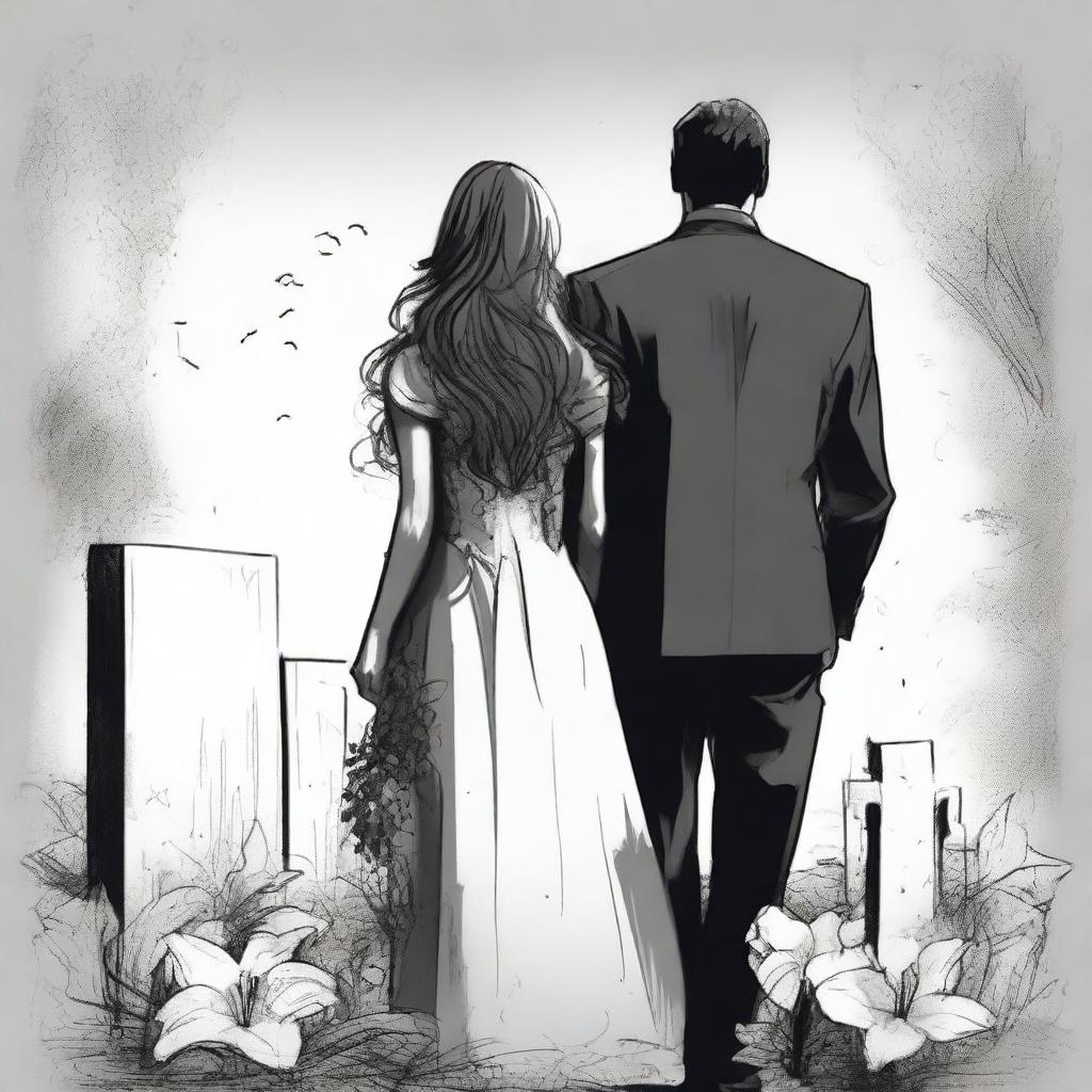 Create a unique sketched backview image of a modern girl with loose curls and a guy in a designer suit, both facing a freshly dug grave with lilies around it