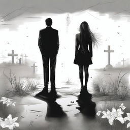 Create a unique sketched backview image of a modern girl with loose curls and a guy in a designer suit, both facing a freshly dug grave with lilies around it