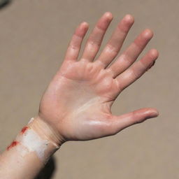 A human hand displaying the aftermath of a minor burn, without explicit detail that may induce discomfort. The focus is on the healing process with evidence of a bandage and ointzer.