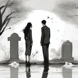 Create a unique sketched backview image of a modern girl with loose curls and a guy in a designer suit, both facing a freshly dug grave with lilies around it