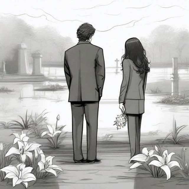 Create a unique and detailed sketched backview image of a modern girl with loose curls and a young guy in a designer suit, both facing a freshly dug grave with lilies around it