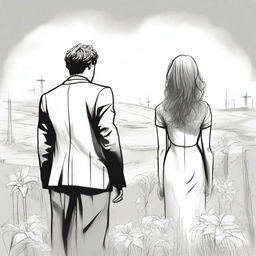 Create a unique and detailed sketched backview image of a modern girl with loose curls and a young guy in a designer suit, both facing a freshly dug grave with lilies around it