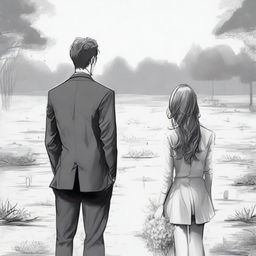 Create a unique and detailed sketched backview image of a modern girl with loose curls and a young guy in a designer suit, both facing a freshly dug grave with lilies around it