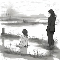 Create a unique and detailed sketched backview image of a modern girl with loose curls and a young guy in a designer suit, both facing a freshly dug grave with lilies around it