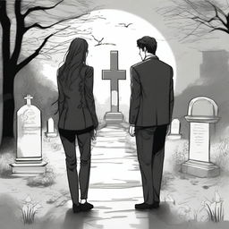 Create a unique and detailed sketched backview image of a modern girl with loose curls and a young guy in a designer suit, both standing in a graveyard with gravestones around