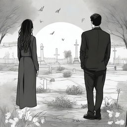 Create a unique and detailed sketched backview image of a modern girl with loose curls and a young guy in a designer suit, both standing in a graveyard with gravestones around