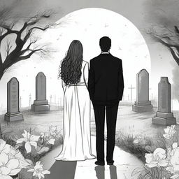 Create a unique and detailed sketched backview image of a modern girl with loose curls and a young guy in a designer suit, both standing in a graveyard with gravestones around