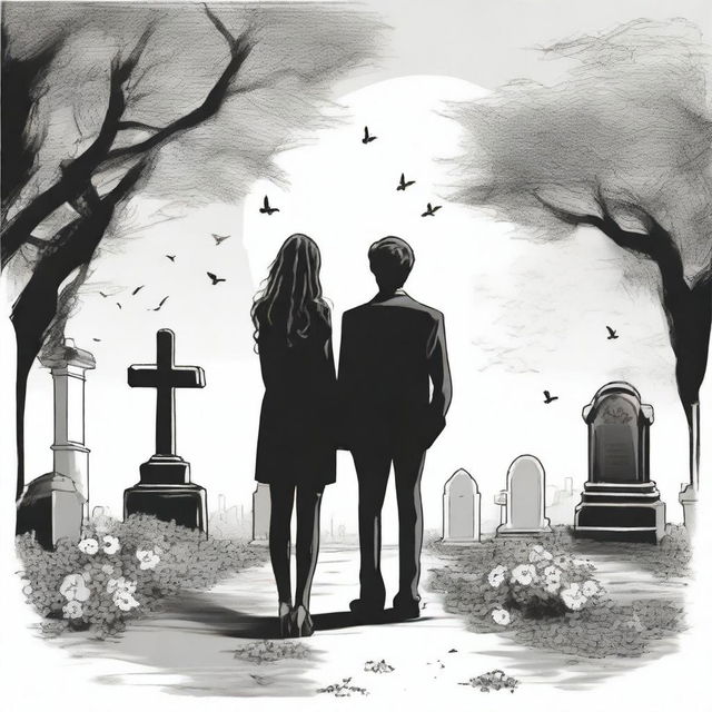 Create a unique and detailed sketched backview image of a modern girl with loose curls and a young guy in a designer suit, both standing in a graveyard with gravestones around