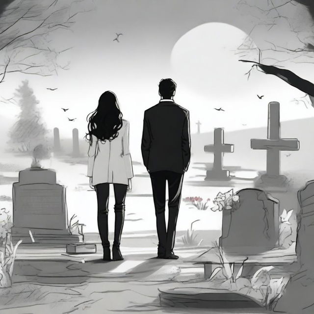 Create a unique and detailed sketched backview image of a modern girl in modern clothes with loose curls and a young guy in a designer suit, both standing in a graveyard with gravestones around