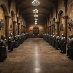 A grand hall displaying the armor sets of all noble houses from Game of Thrones, arranged in an impressive exhibit