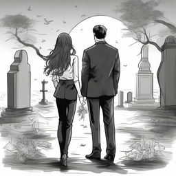 Create a unique and detailed sketched backview image of a modern girl in modern clothes with loose curls and a young guy in a designer suit, both standing in a graveyard with gravestones around