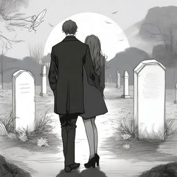 Create a unique and detailed sketched backview image of a modern girl in modern clothes with loose curls and a young guy in a designer suit, both standing in a graveyard with gravestones around