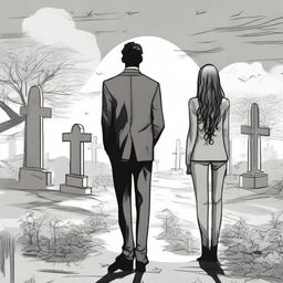 Create a unique and detailed sketched backview image of a modern girl in modern clothes with loose curls and a young guy in a designer suit, both standing in a graveyard with gravestones around