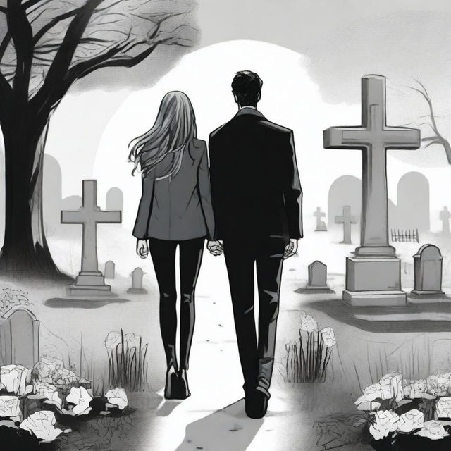 Create a unique and detailed sketched backview image of a modern girl in modern clothes with loose curls and a young tall guy in a designer suit, both standing in a graveyard with gravestones around