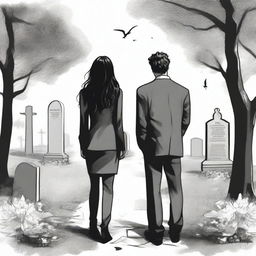 Create a unique and detailed sketched backview image of a modern girl in modern clothes with loose curls and a young tall guy in a designer suit, both standing in a graveyard with gravestones around