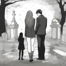 Create a unique and detailed sketched backview image of a modern girl in modern clothes with loose curls and a young tall guy in a designer suit, both standing in a graveyard with gravestones around