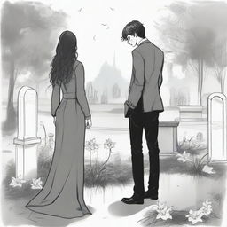 Create a unique and detailed sketched backview image of a modern girl in modern clothes with loose curls and a young tall guy in a designer suit, both standing in a graveyard with gravestones around