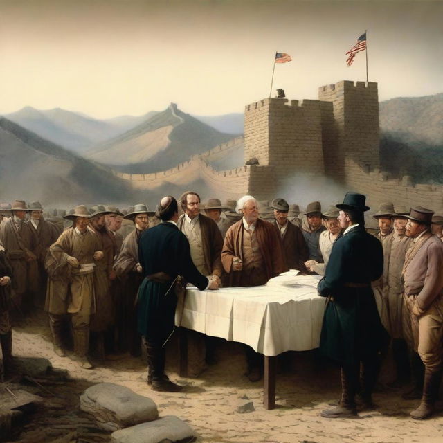 A detailed and historically accurate scene depicting a significant event from history, such as the signing of the Declaration of Independence or the construction of the Great Wall of China