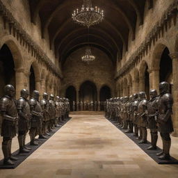 A grand hall displaying the armor sets of all noble houses from Game of Thrones, arranged in an impressive exhibit