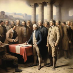 A detailed and historically accurate scene depicting a significant event from history, such as the signing of the Declaration of Independence or the construction of the Great Wall of China