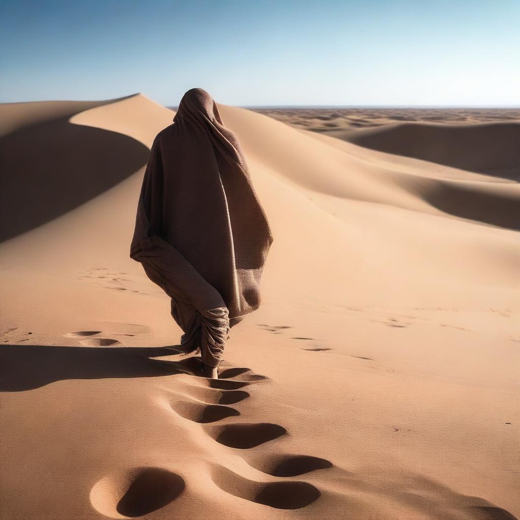 A person completely wrapped in cloth is walking through the desert