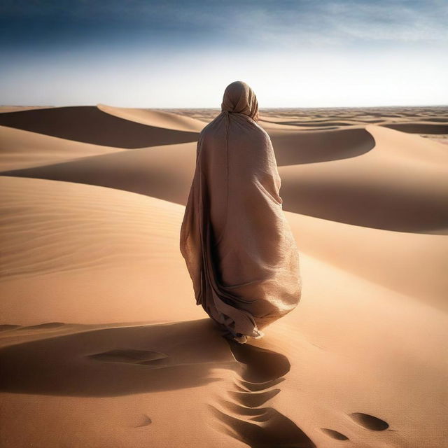 A person completely wrapped in cloth is walking through the desert