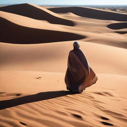 A person completely wrapped in cloth is walking through the desert