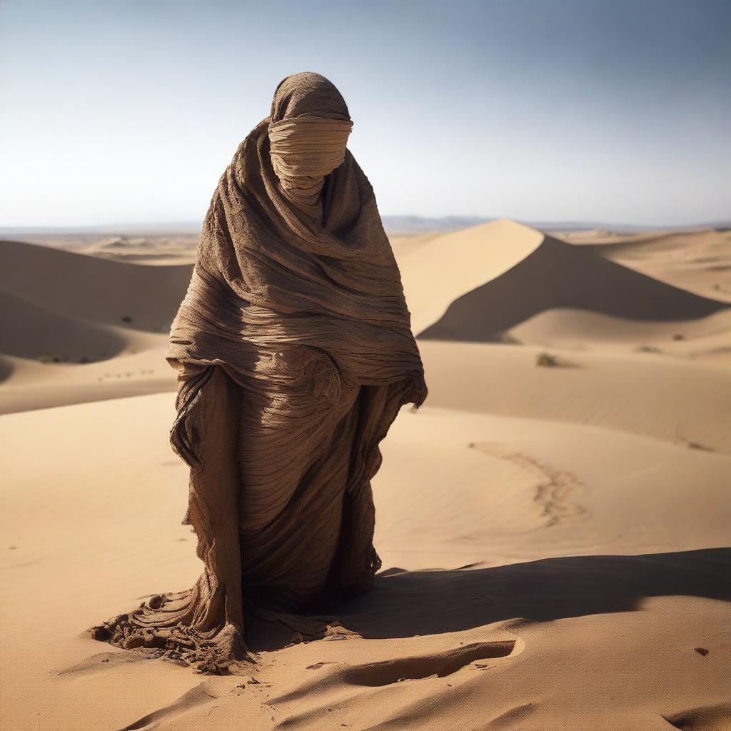 A person completely wrapped in rags stands facing the viewer in the middle of a desert