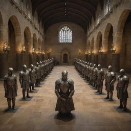 A grand hall displaying the armor sets of all noble houses from Game of Thrones, arranged in an impressive exhibit