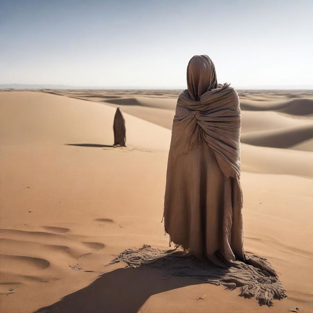 A person completely wrapped in rags stands facing the viewer in the middle of a desert