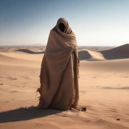 A person completely wrapped in rags stands facing the viewer in the middle of a desert